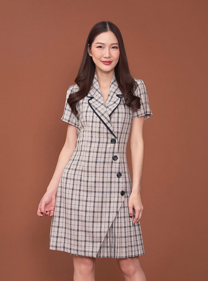 Gingham pleat dress-grey