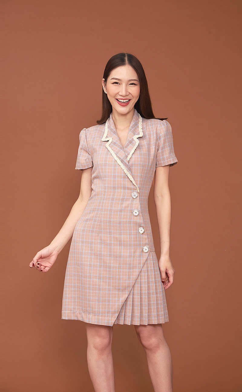 Gingham pleat dress-soft brick - Image 2